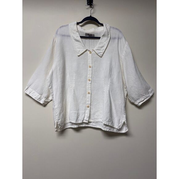 Flax Tops - FLAX 100% Linen Button Front 3/4 Sleeve Collared Blouse, Lagenlook, Sz L